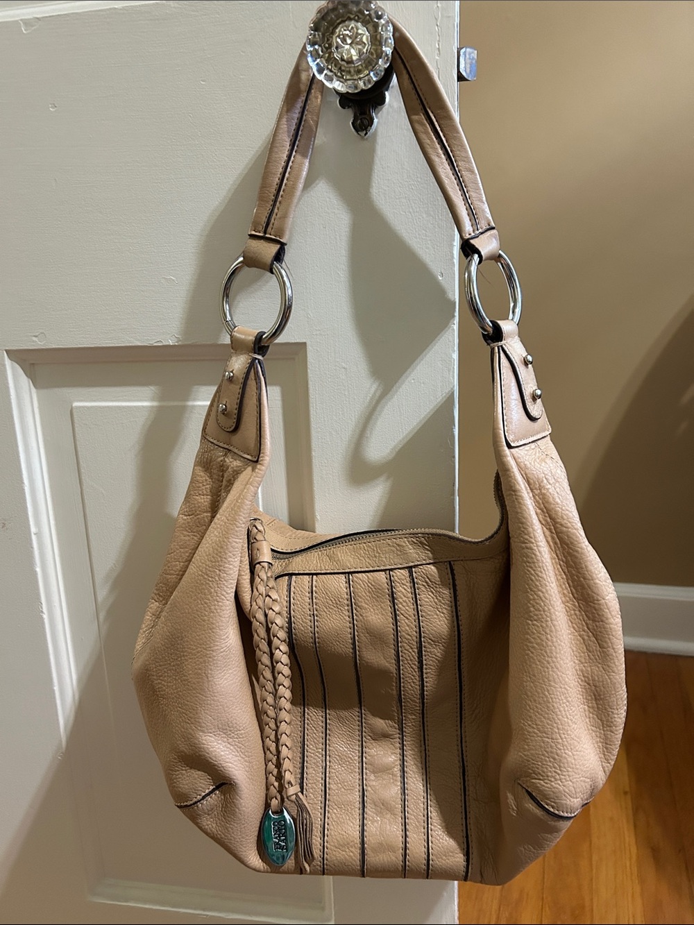 Franco Sarto Tan Nude Leather Hobo Bag Braided Detail Silver Hardware detail EUC